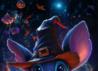 Cheerful Halloween Stitch wallpaper featuring magic spells and glowing potions.