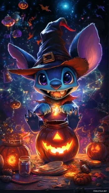 Cheerful Halloween Stitch wallpaper featuring magic spells and glowing potions.