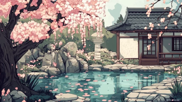 Cherry blossom garden Japanese aesthetic anime wallpaper.