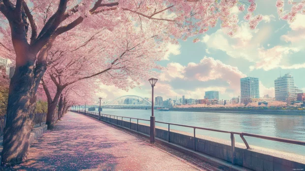 Cherry blossoms in full bloom line the riverbanks in Tokyo creating a dreamy pastel scene.
