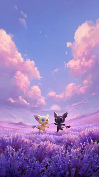 Chibi animals dancing in a field of lavender under a dreamy sky.