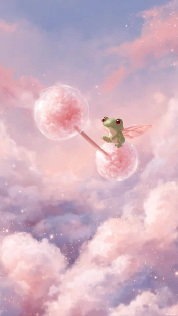 Chibi frog riding a bubble with wings through a cotton candy sky as part of a dreamy Kawaii Frog Wallpaper.