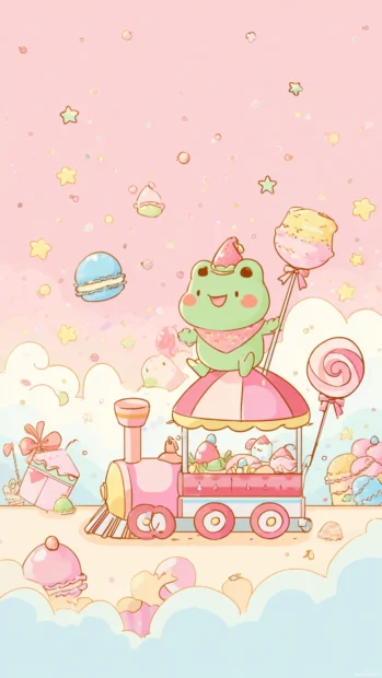 Chibi frog riding a toy train made of candy through a sweet pastel world for a magical Kawaii Frog Wallpaper.