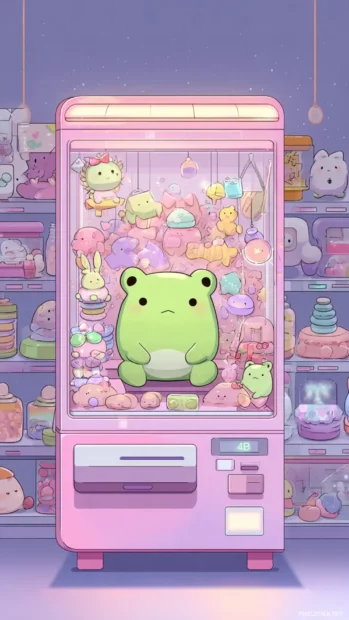 Chibi frog sitting inside a gacha capsule machine full of pastel trinkets and toys for Kawaii Frog Wallpaper.