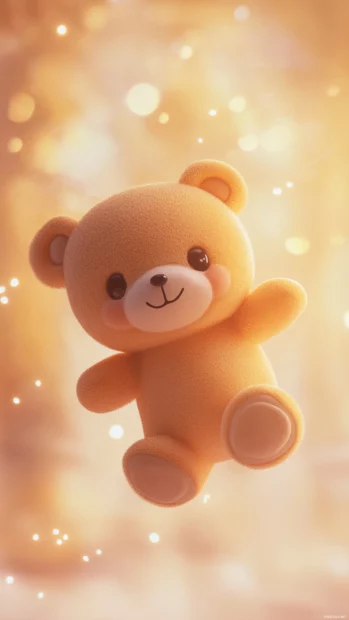Chibi style Teddy Bear floating with light plain backdrop.