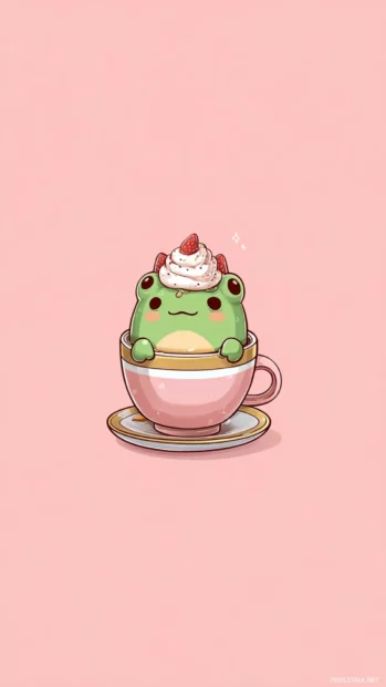 Chibi style frog in a teacup with whipped cream and cherries as a Kawaii Frog Wallpaper for iPhone users.