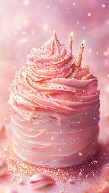 Chic Birthday Cake with sparkly frosting and a gentle pink background.