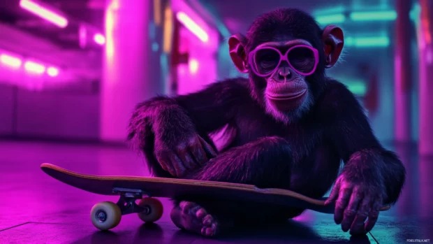 Chill cool monkey resting on a skateboard under neon lights, cool monkey PC wallpaper.