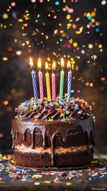 Chocolate birthday cake with colorful candles and confetti, perfect for a festive wallpaper HD.