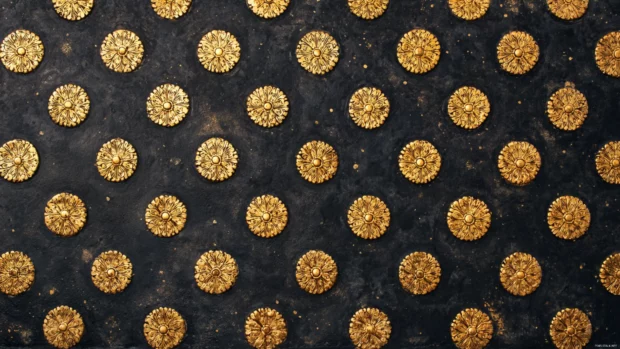 Circular golden motifs laid out in a geometric arrangement against a dark canvas.