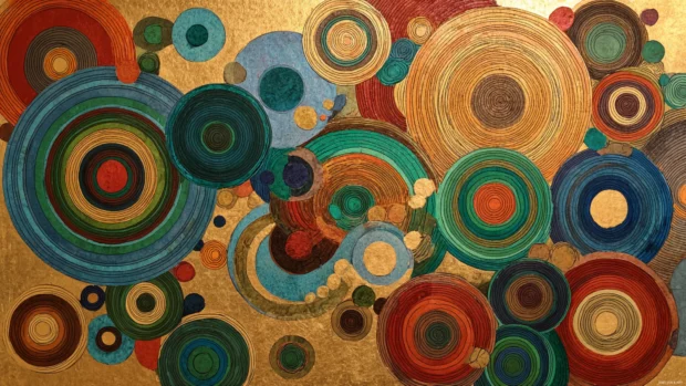 Circular motifs and linear transitions forming a Modern Geometric flow across the canvas.