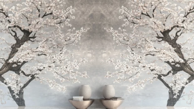 Classic Japanese cherry blossom wallpaper featuring symmetrical tree branches under a clear morning sky.