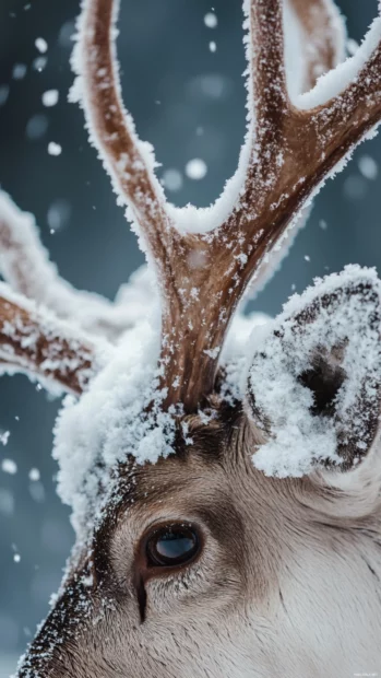Close crop of a reindeer antlers with snowy details.