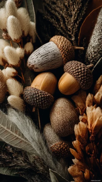 Close up Fall vibes with an arrangement of acorns, dried leaves and cozy textures, detailed flat style.