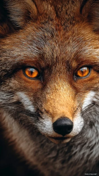 Close up iPhone wallpaper of a Foxs intense eyes, highly detailed fur, blurred natural background, clean and dramatic.