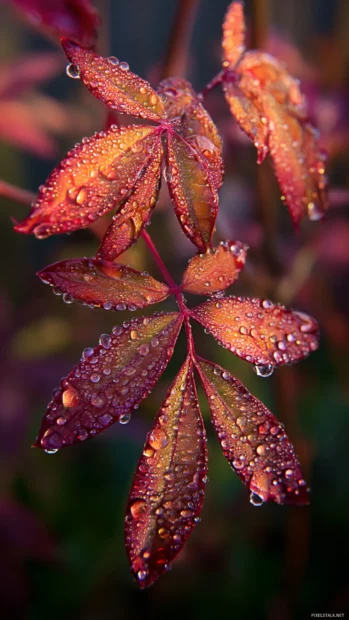 Close up of Fall leaves in brilliant shades of crimson and gold, glistening with morning dew.
