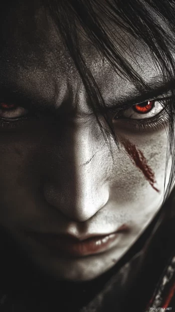 Close up of Japanese Samurai face with fierce gaze.