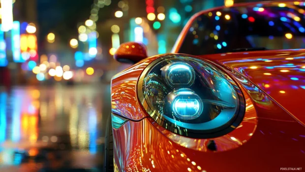 Close up of Porsche headlights reflecting city neon lights, German car wallpaper.