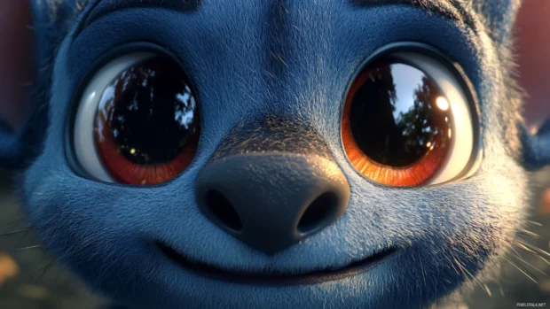 Close up of Stitch 3D face with detailed fur texture and glossy.