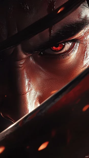 Close up of a Japanese samurais intense gaze with his katana reflecting the sunlight.