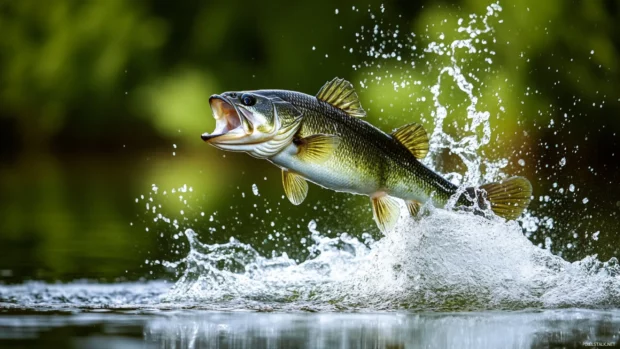Close up of a bass leaping from the water with dynamic splash, bass fishing excitement.