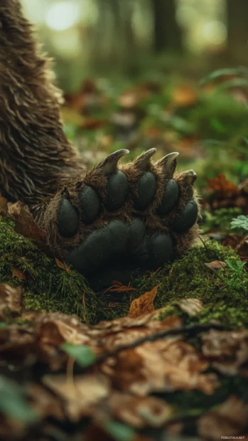Close up of a bear paw on forest ground covered with leaves and moss.