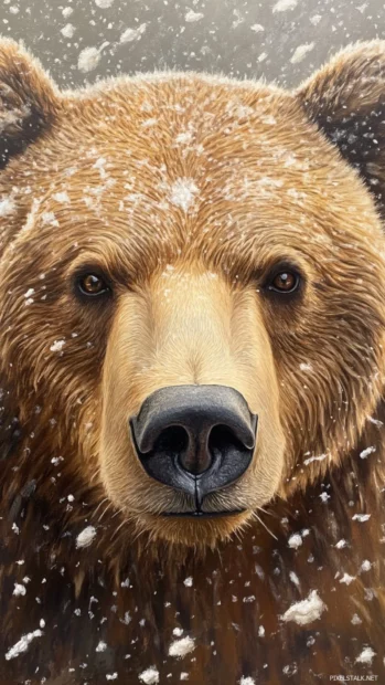 Close up of a brown bears face with snowy background.