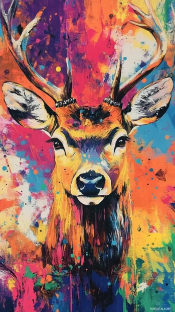 Close up of a cool deers face with abstract colorful background.