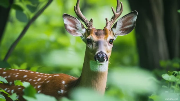 Close up of a deer in a lush green clearing.