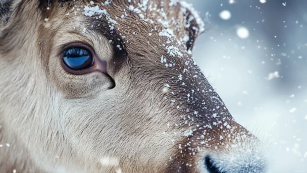 Close up of a reindeer face with visible snowflakes on its fur.
