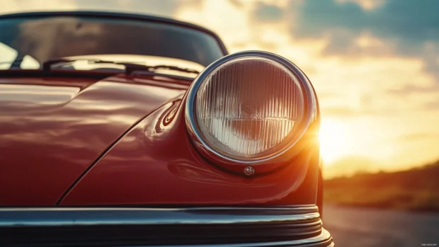 Close up of a vintage Porsche grille and headlights glinting under a warm retro sunset sky.