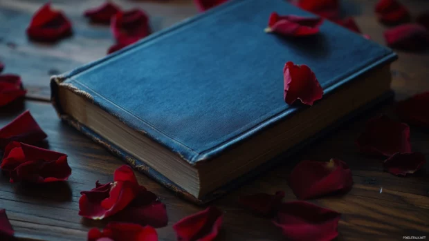 Close up of an aesthetic book with velvet bookmark and rose petals around it.