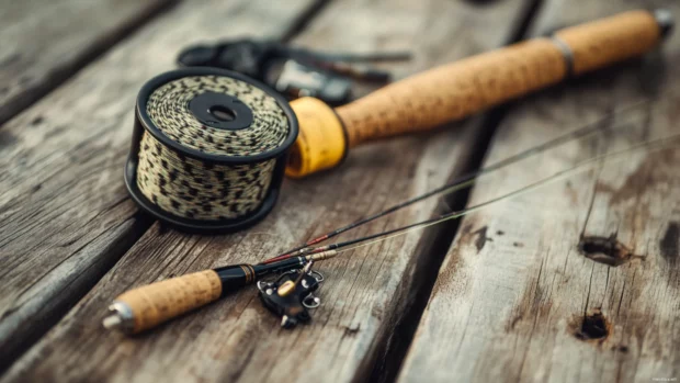 Close up on fly fishing gear resting on a weathered dock.