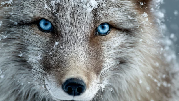 Close up portrait of an Arctic Fox with piercing blue eyes, snowflakes resting on its fur, calm and intense gaze.