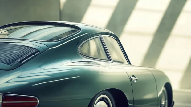Close up shot for Vintage Porsche wallpaper focusing on the elegant curves of a 1960s Porsche coupe in muted tones.