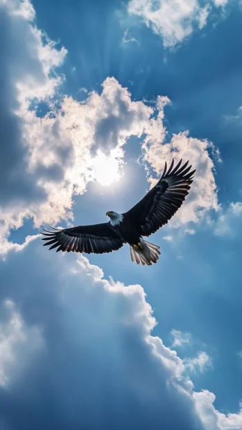 Cloud filled sky behind an eagle gliding peacefully.