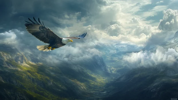 Clouds surround an eagle soaring high above a stormy valley.