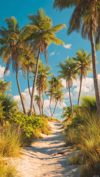 Cluster of Palm trees lining a sandy pathway under a bright summer sky, inviting tropical scene.
