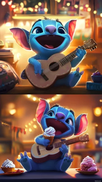 Collage of Stitch playing guitar, eating ice cream, and laughing, all in soft tones.
