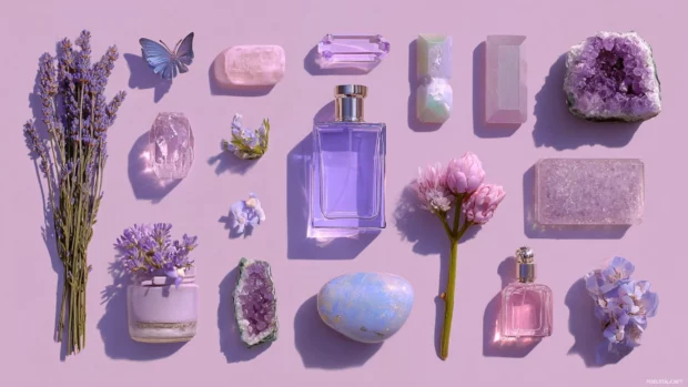 Collage of small lavender themed objects like perfume, crystals and flowers in pastel tones.