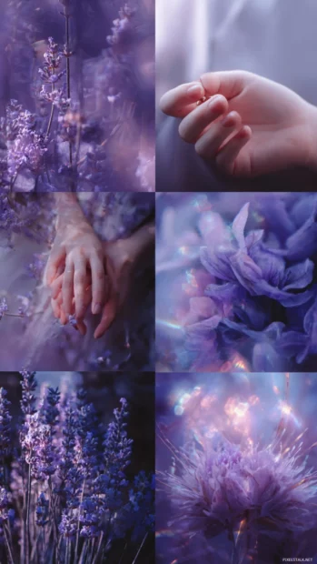 Collection of aesthetic lavender vignettes featuring hands, petals and light leaks.