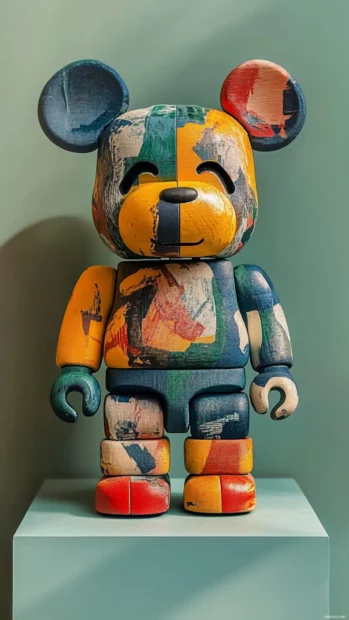 Colorful Bearbrick form set within muted green frame.