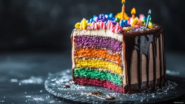 Colorful Birthday Cake with multi layered filling and dripping ganache.