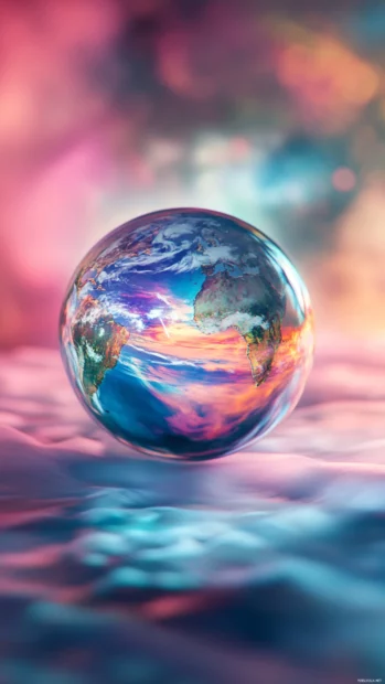 Colorful Earth in a crystal ball against a soft atmospheric backdrop.