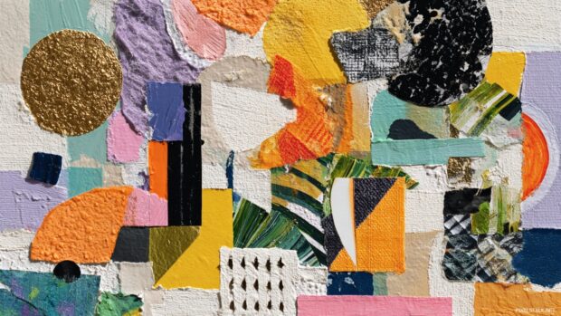 Colorful Geometric collage with mismatched shapes and textures resembling cut paper and tape.