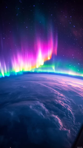 Colorful auroras dancing across the atmosphere of Earth seen from space.