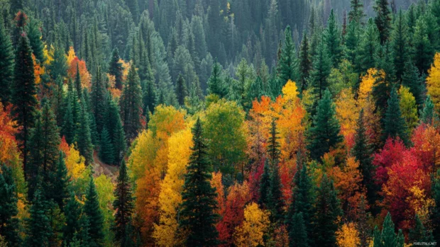 Colorful autumn forest wallpaper depicting riot of autumn hues contrasted against deep green evergreens.