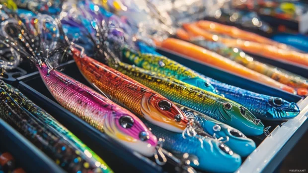 Colorful bait and lures displayed in preparation for bass fishing.