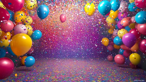 Colorful balloons float across a vibrant birthday background filled with confetti and joy.
