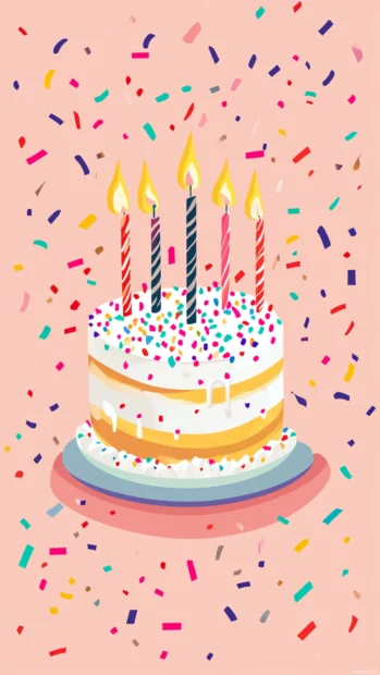 Colorful birthday with cake and confetti patterns.